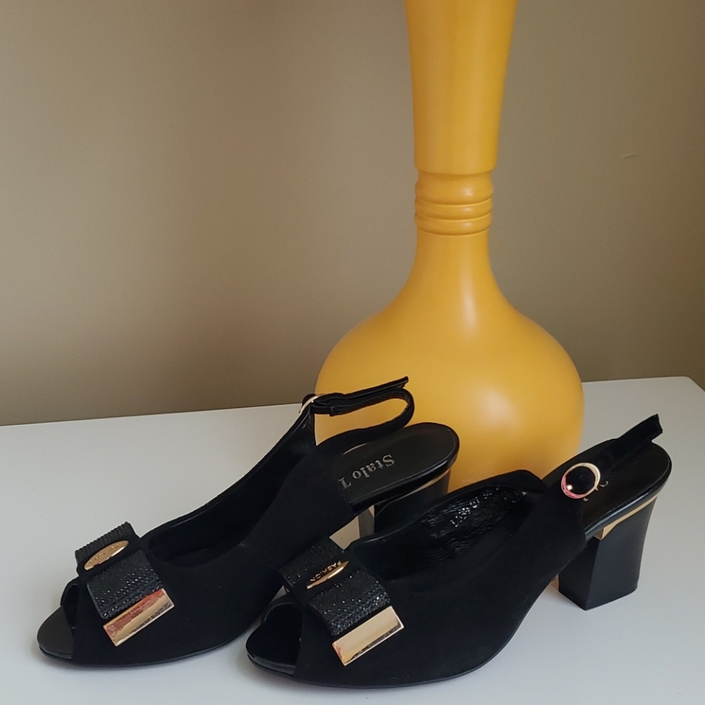 Stalo Totti black Velvet heels w/gold accents